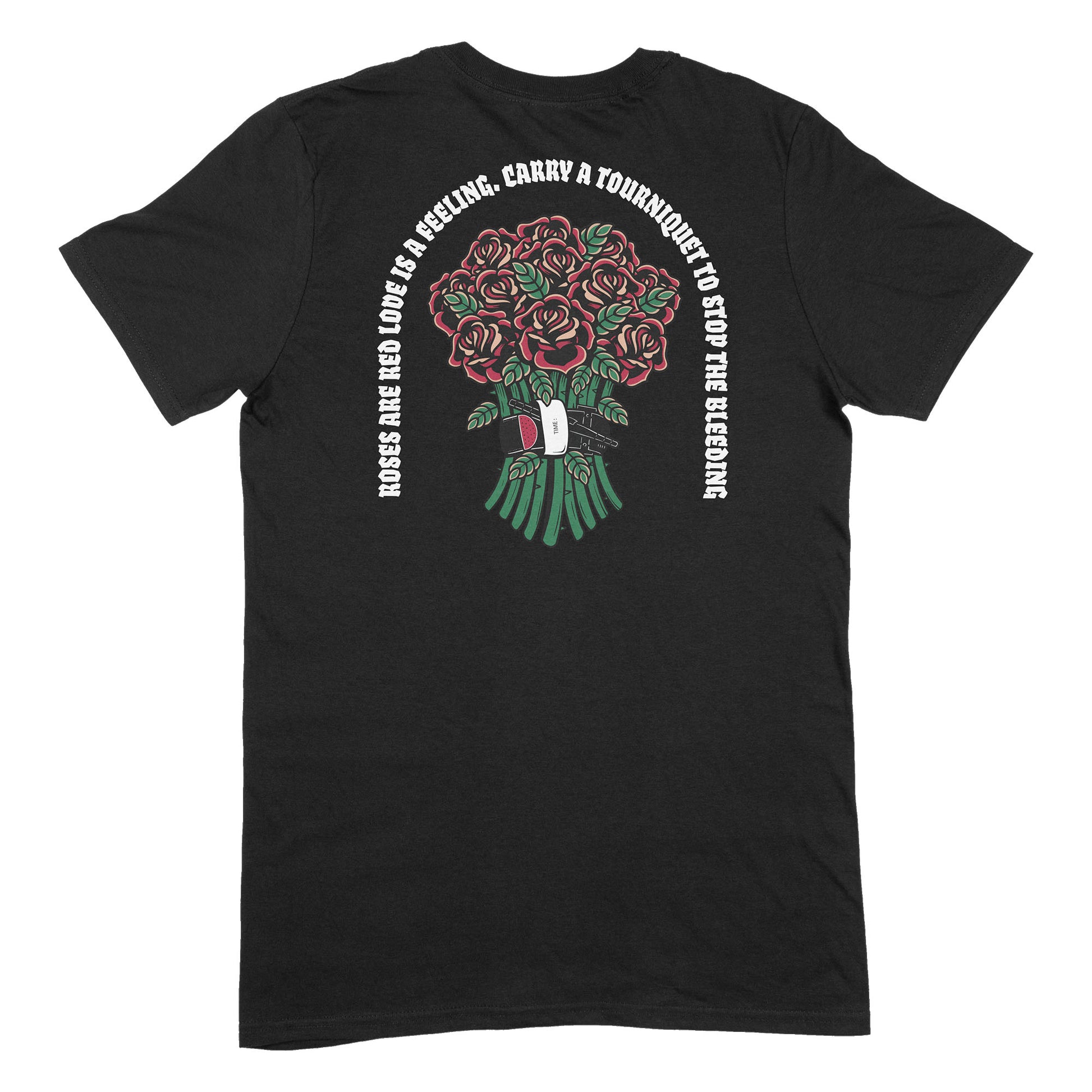 Bleeding Roses Shirt schwarz Rückseite Rosenstrauß Tourniquet Design