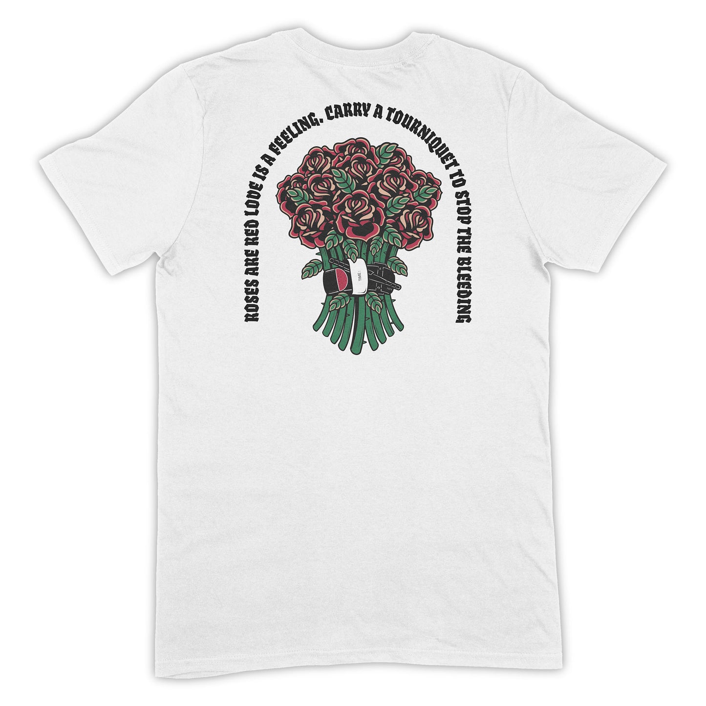 Bleeding Roses Shirt weiß Rückseite Rosenstrauß Tourniquet Siebdruck