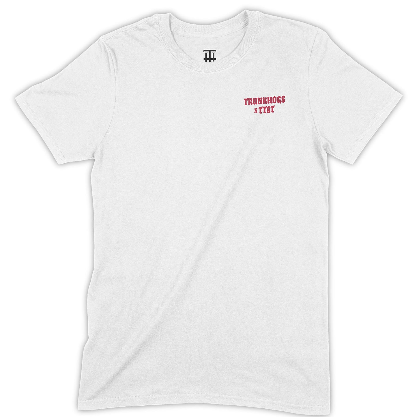 Bleeding Roses Shirt weiß Vorderseite Trunk Hogs x TTST Logo rot
