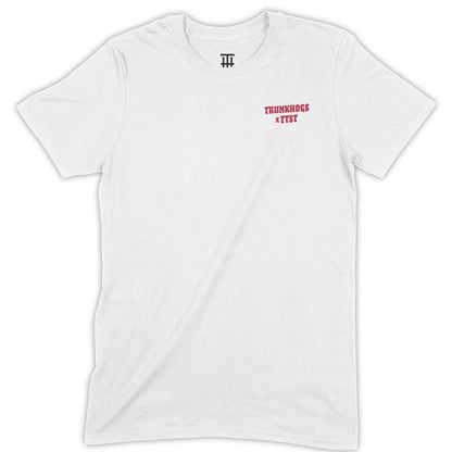 Bleeding Roses Shirt weiß Vorderseite Trunk Hogs x TTST Logo rot